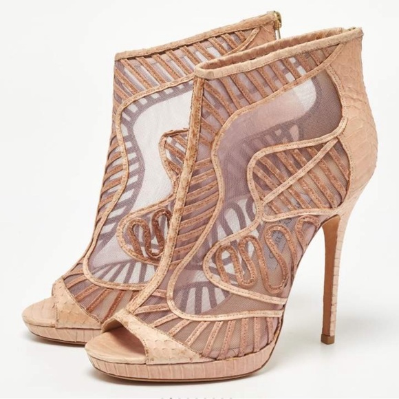 Jimmy Choo Beige Python and Mesh Open Toe Platform Ankle Booties - Picture 1 of 12